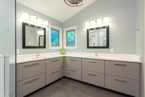Master Bath in Blue with floor heating and large vanity