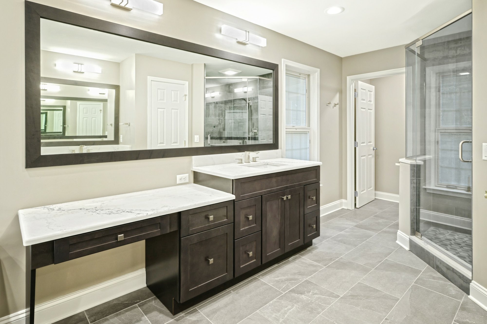 Master Bath remodel with tempzone flex roll floor heating vanity and shower by red oak remodeling