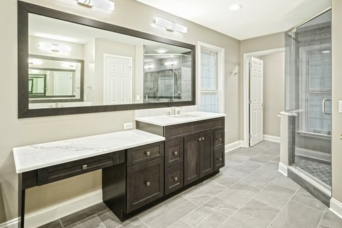 Master Bath remodel with tempzone flex roll floor heating vanity and shower by red oak remodeling