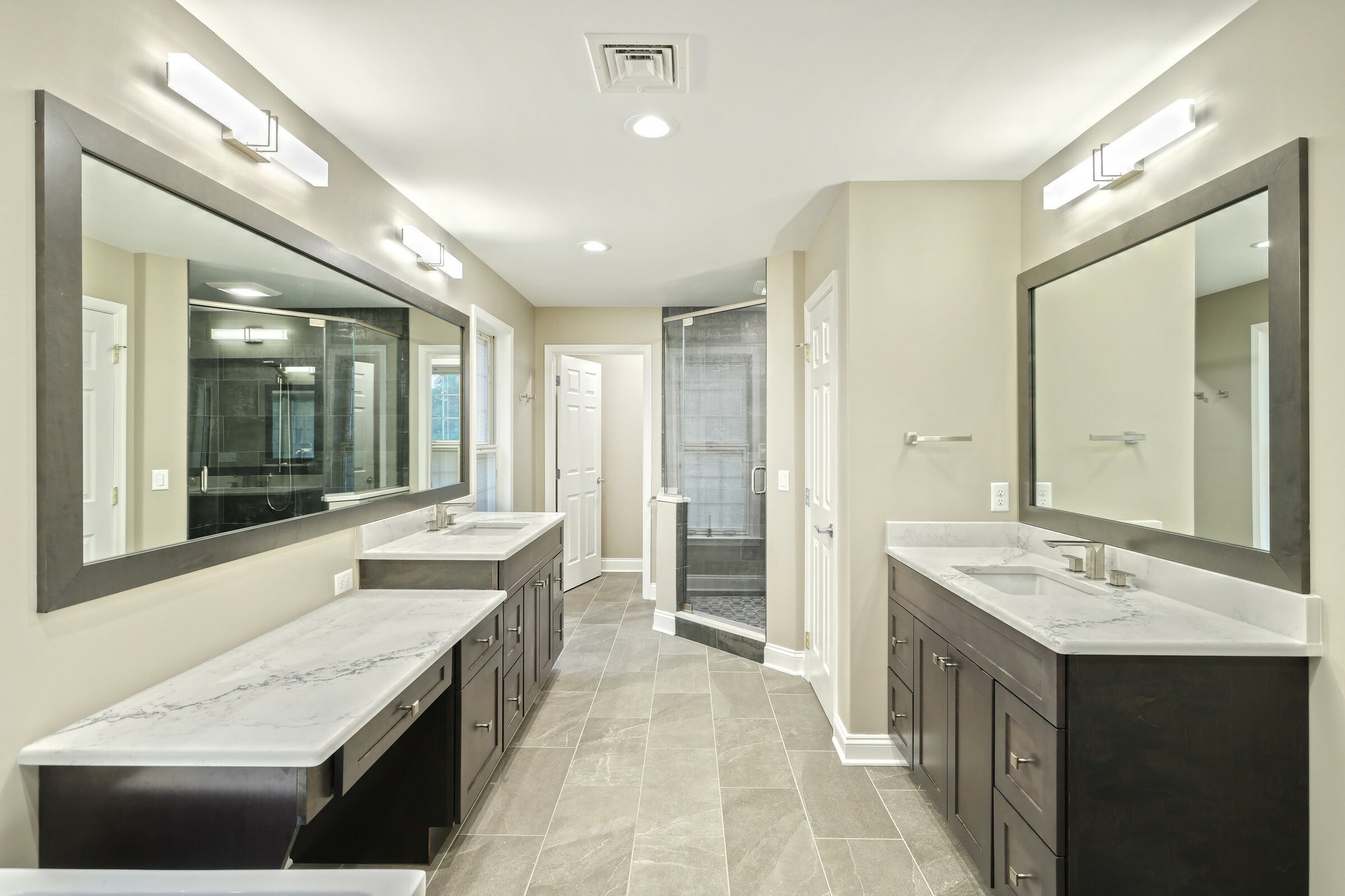 Master Bath remodel with tempzone flex roll floor heating double vanity by red oak remodeling