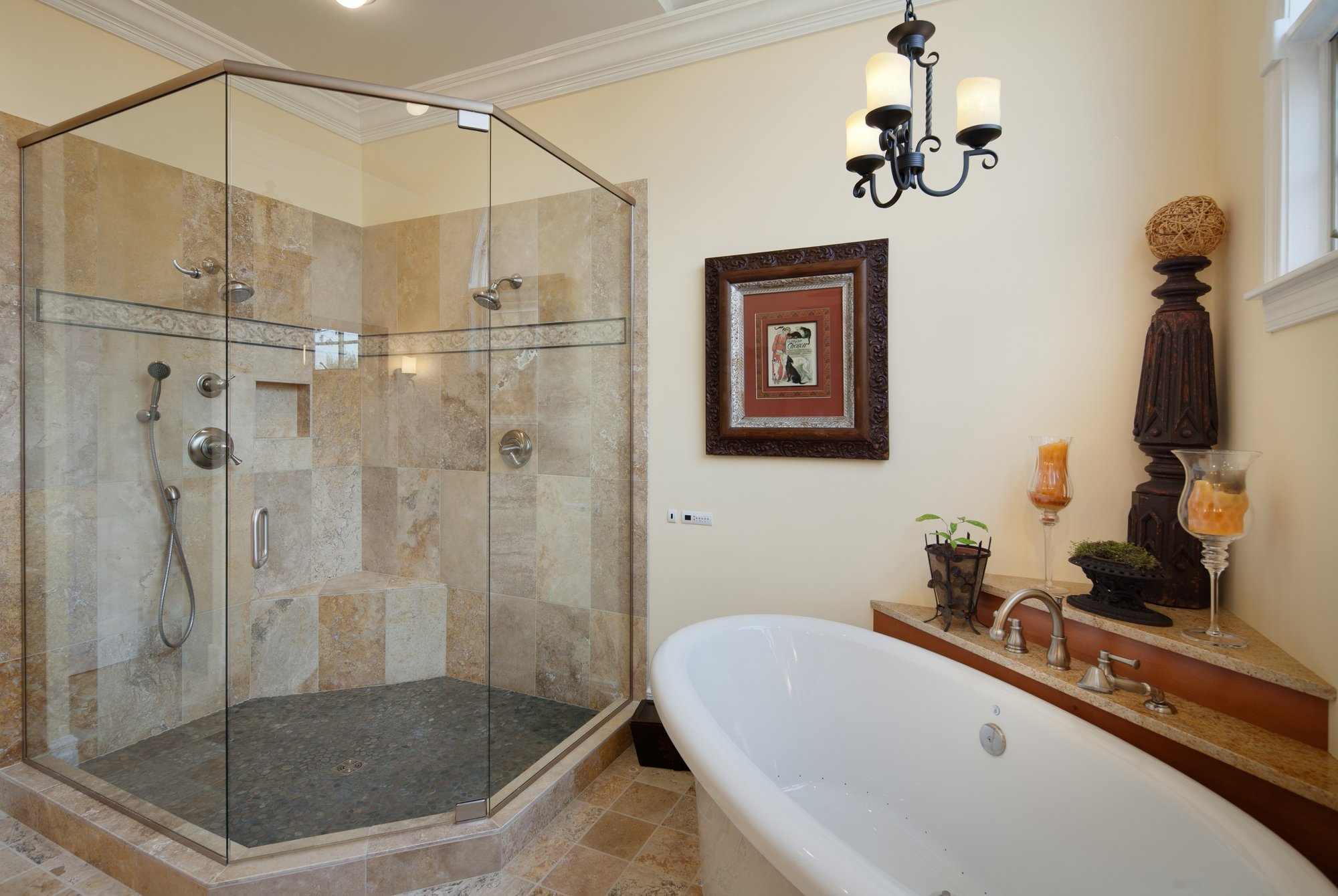 Master bathroom remodel with floor heating corner shower and tub