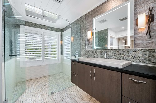 Master Bathroom remodel with floor heating in large shower enclosure view