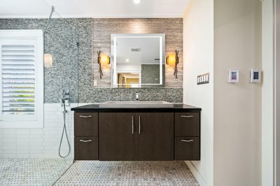 Master Bathroom remodel with floor heating in large shower enclosure vanity view