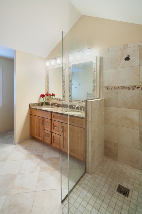 Master bathroom with double vanity and walkin shower closeup ANN ARBOR, MI