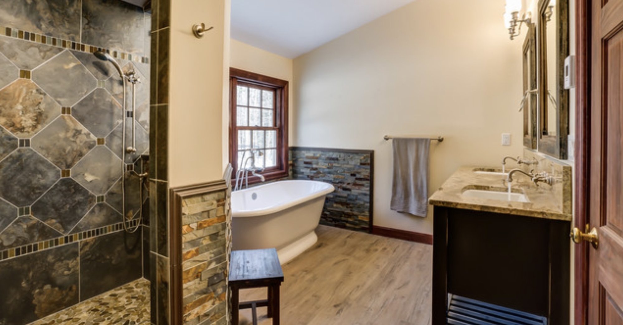 Master Bathroom with stone and floor heating from corner BEDFORD, NH