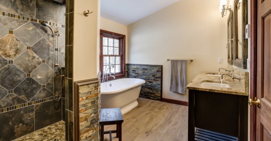 Master Bathroom with stone and floor heating from corner BEDFORD, NH