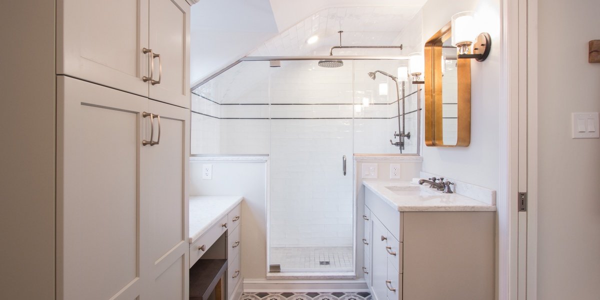 Master bathroom with walk-in shower and heated tile floors