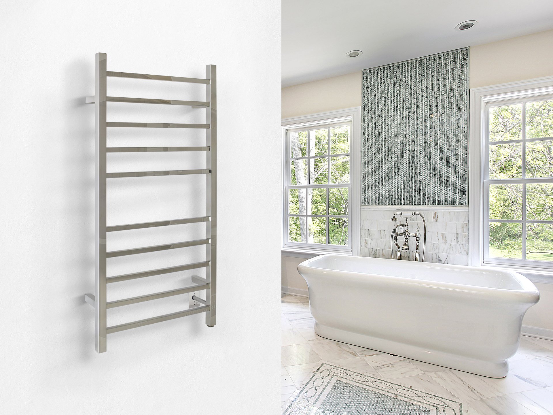 A polished metallic Metropolitan hardwired towel warmer with ten horizontal bars mounted on a white bathroom wall near a clawfoot tub.