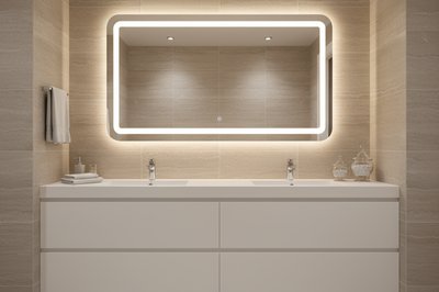 Modern bathroom with large rectangular LED mirror above double vanity for perfect bathroom lighting