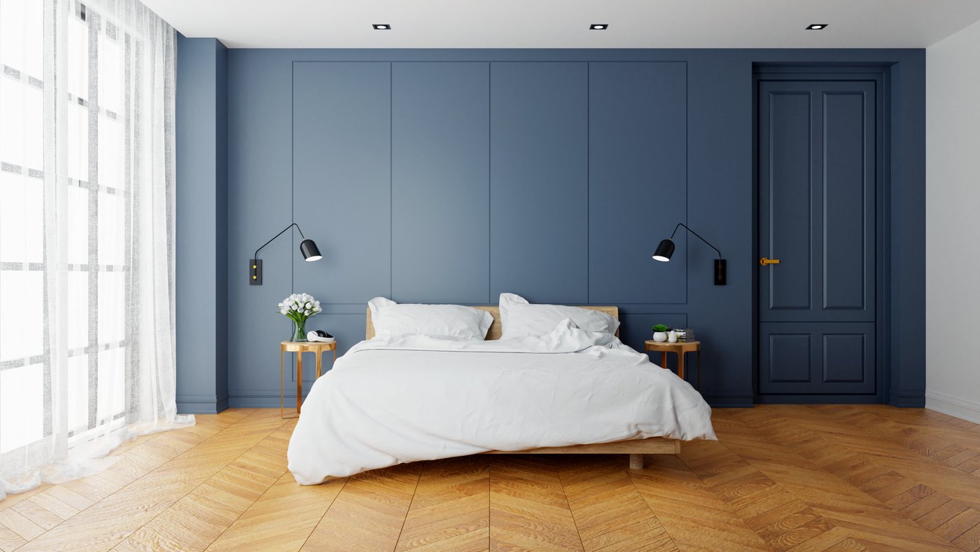 Modern Navy Blue Bedroom with Wood floors