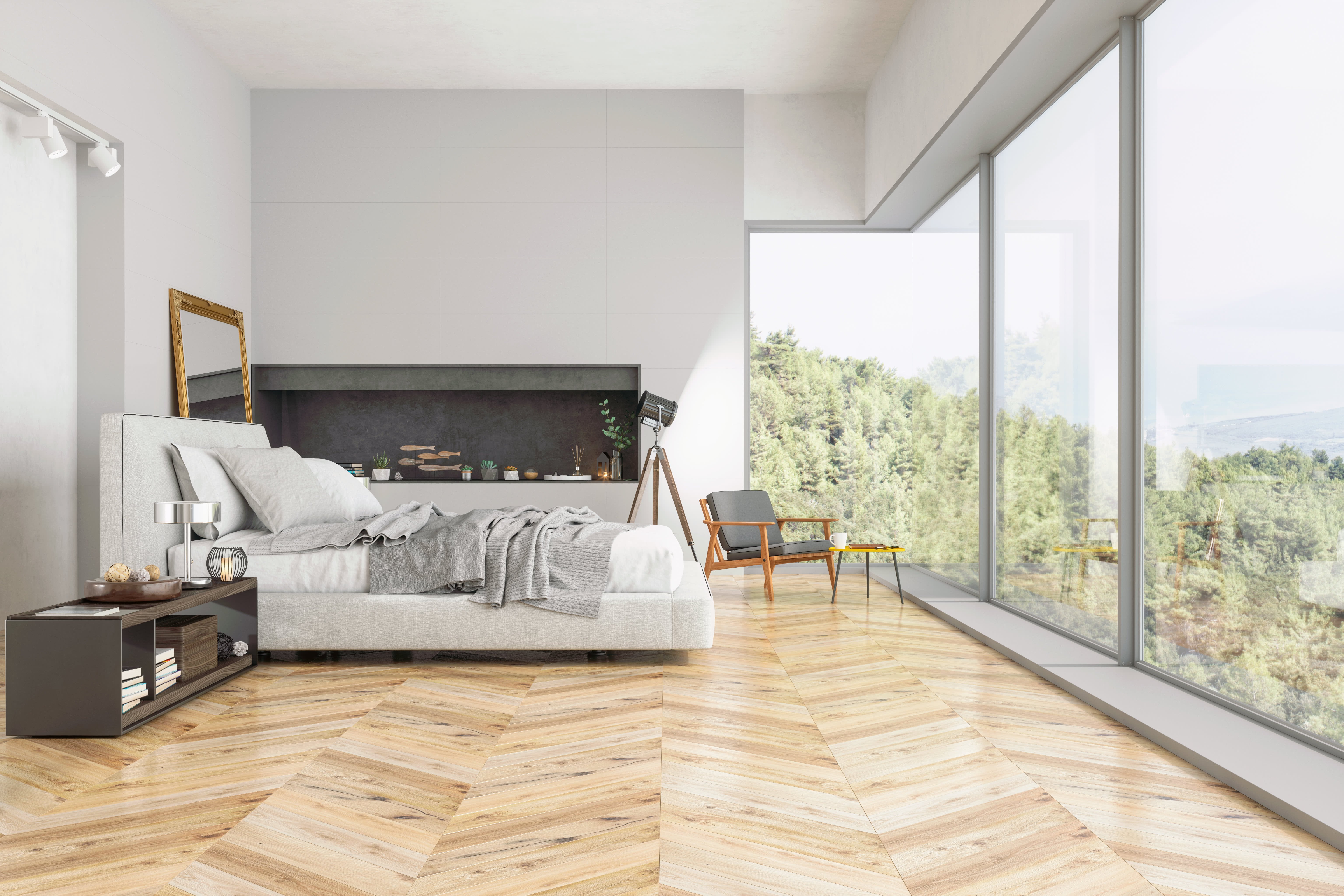 Modern White Bedroom with glass walls and herringbone wood floors