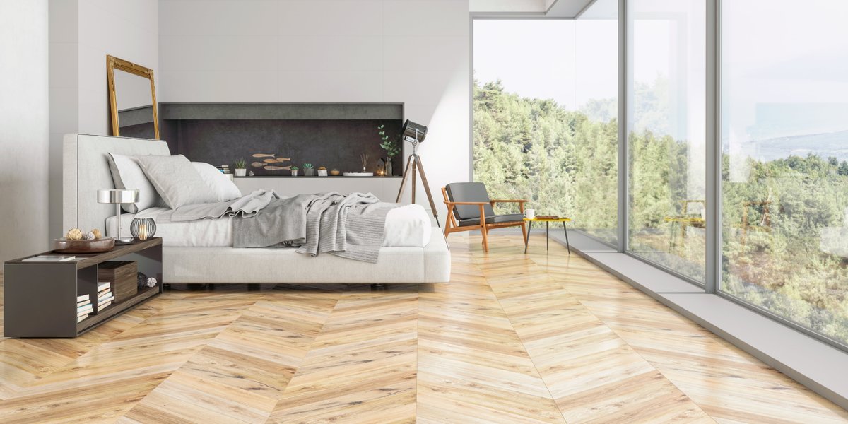 Modern White Bedroom with glass walls and herringbone wood floors
