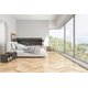 Modern White Bedroom with glass walls and herringbone wood floors