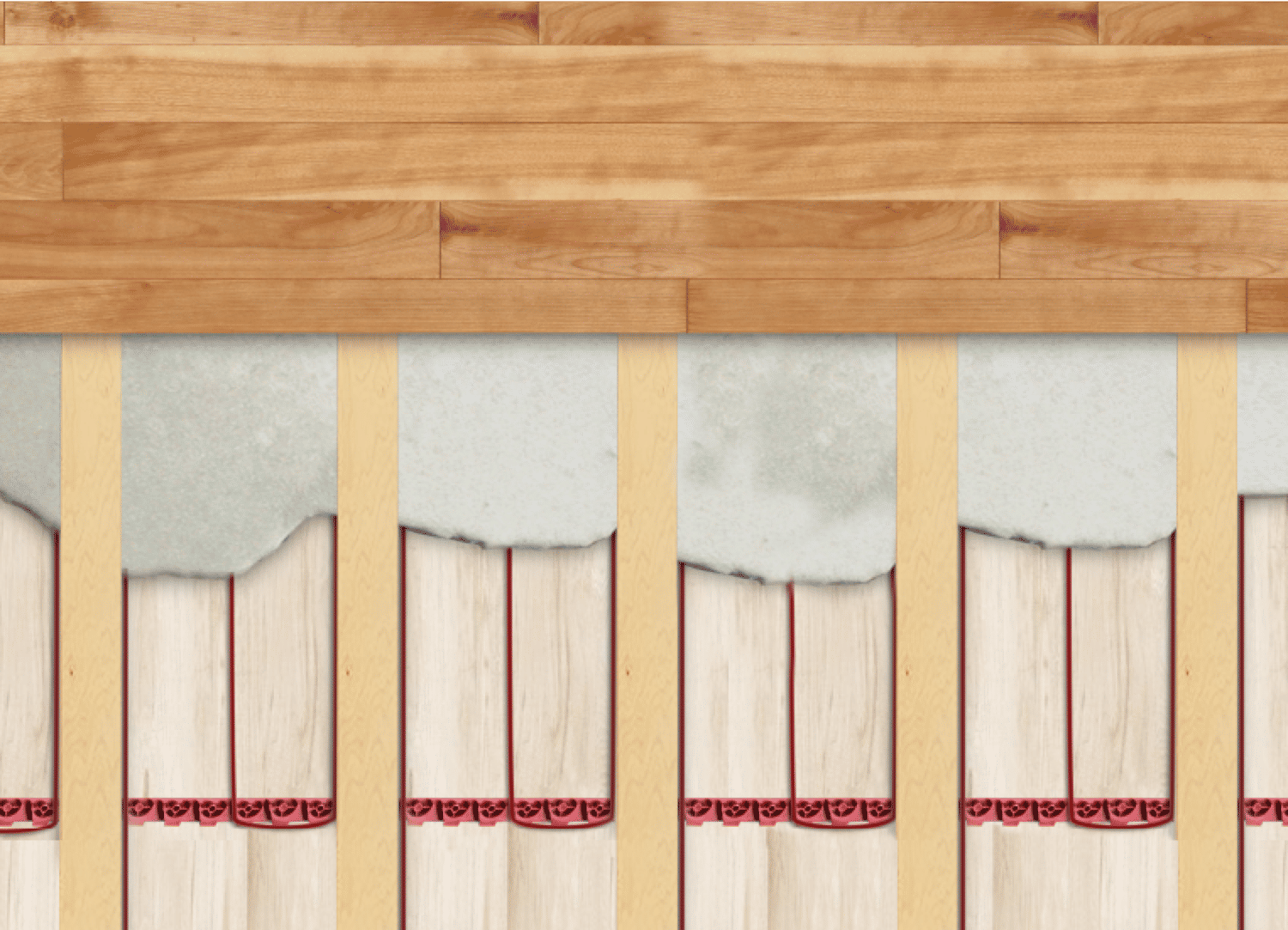 Nailed Down hardwood with tempzone cable cross-section with self-leveling-cement with no bubbles