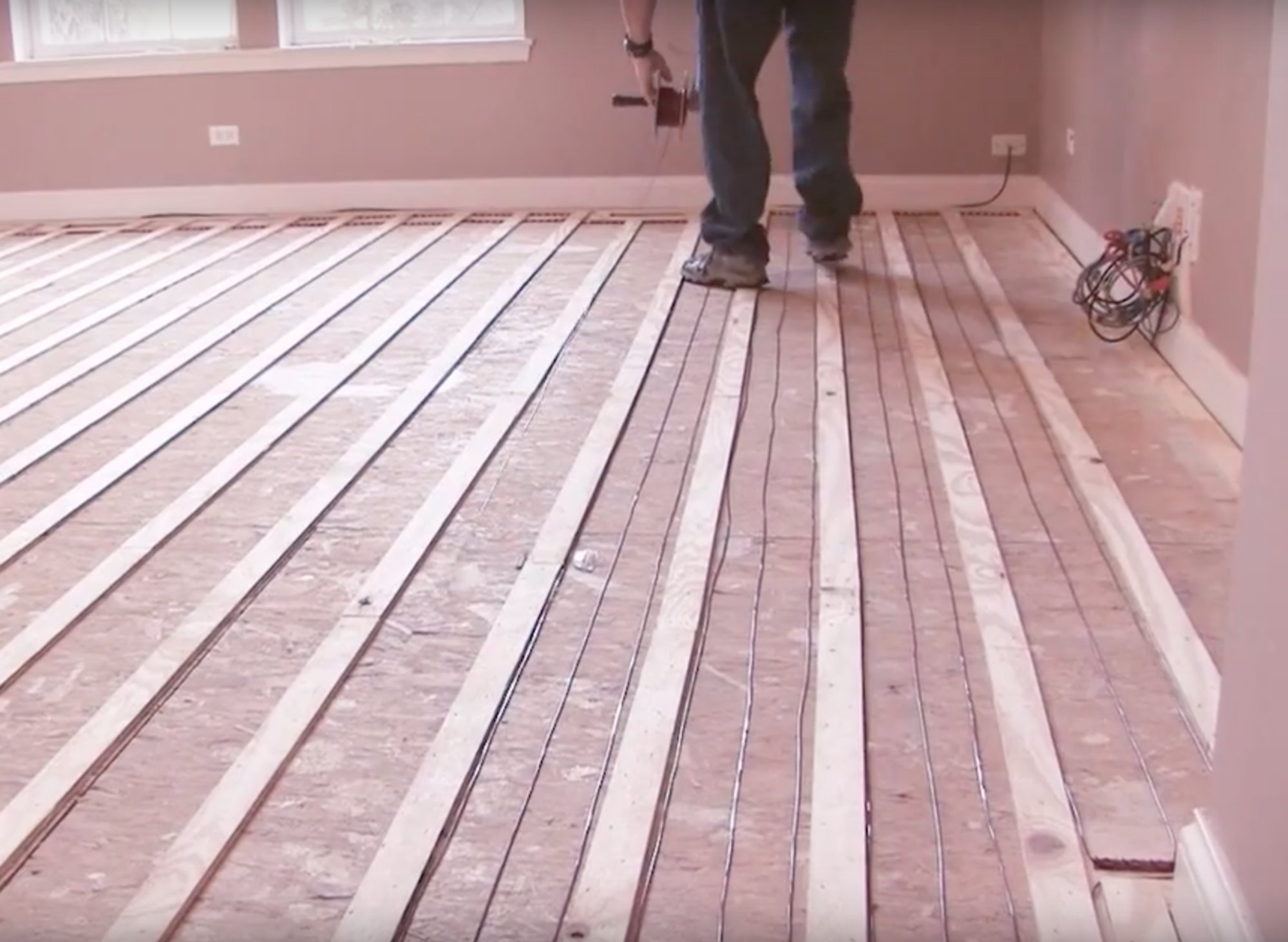 Nailed hardwood floor installation with tempzone floor heating cable
