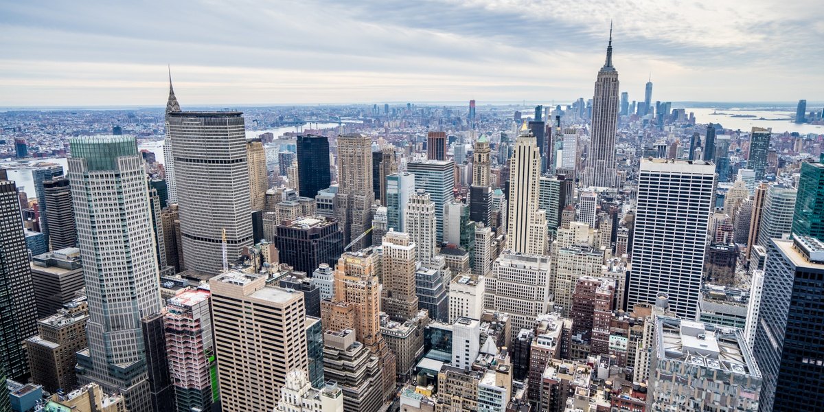 New York City skyline covered in snow during winter
