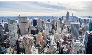 New York City skyline covered in snow during winter