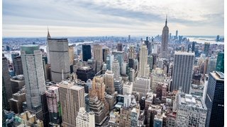 New York City skyline covered in snow during winter