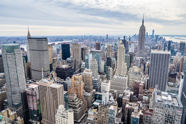 New York City skyline covered in snow during winter