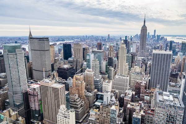 New York City skyline covered in snow during winter