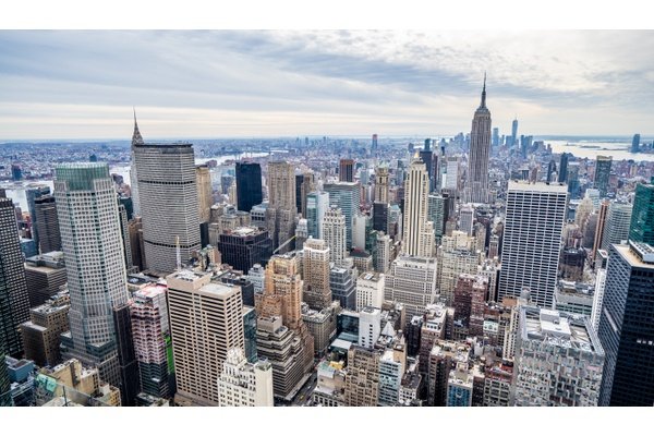 New York City skyline covered in snow during winter
