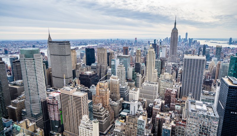 New York City skyline covered in snow during winter