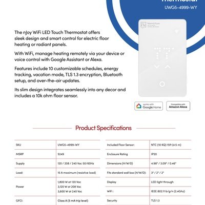 nJoy WiFi LED Touch Programmable Thermostat Sell Sheet USA (English)