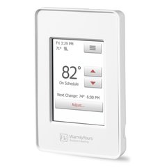 WarmlyYours nSpire Touch programmable thermostat with a color touchscreen display showing current temperature settings.