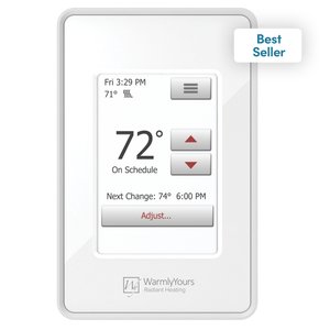WarmlyYours nSpire Touch programmable thermostat with a white touchscreen interface for electric radiant floor heating systems.
