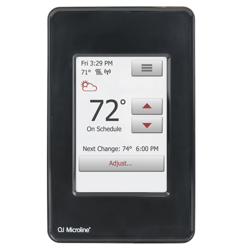 nSpire Touch WiFi programmable floor heating thermostat in black with a vertical color touchscreen display showing temperature settings.