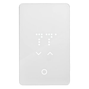 The nTrust 2.0 non-programmable thermostat with a white glass faceplate, digital temperature display, and touch-sensitive controls.
