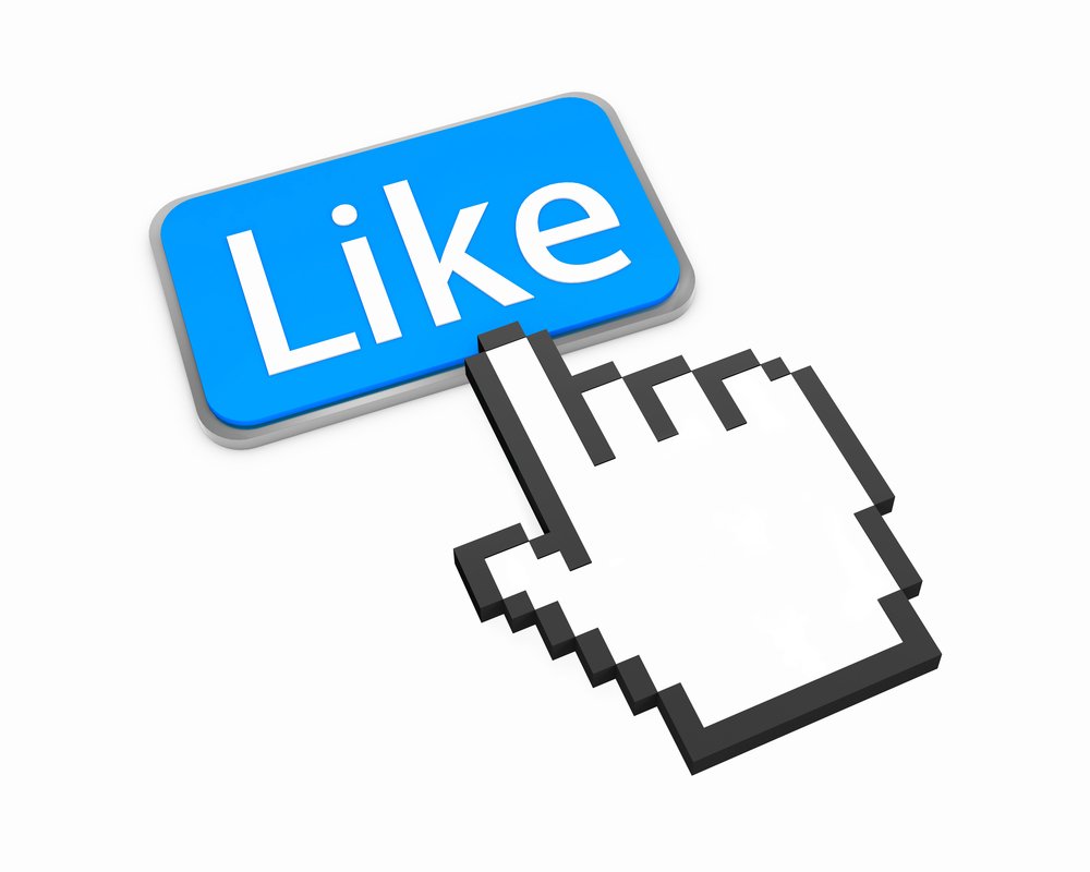 A pixelated computer cursor clicking a blue Like button on a white background.