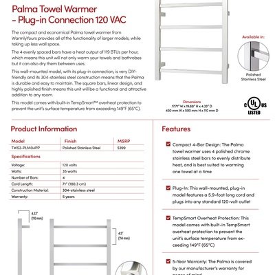 Palma Plug-in Towel Warmer Sell Sheet Canada (English)