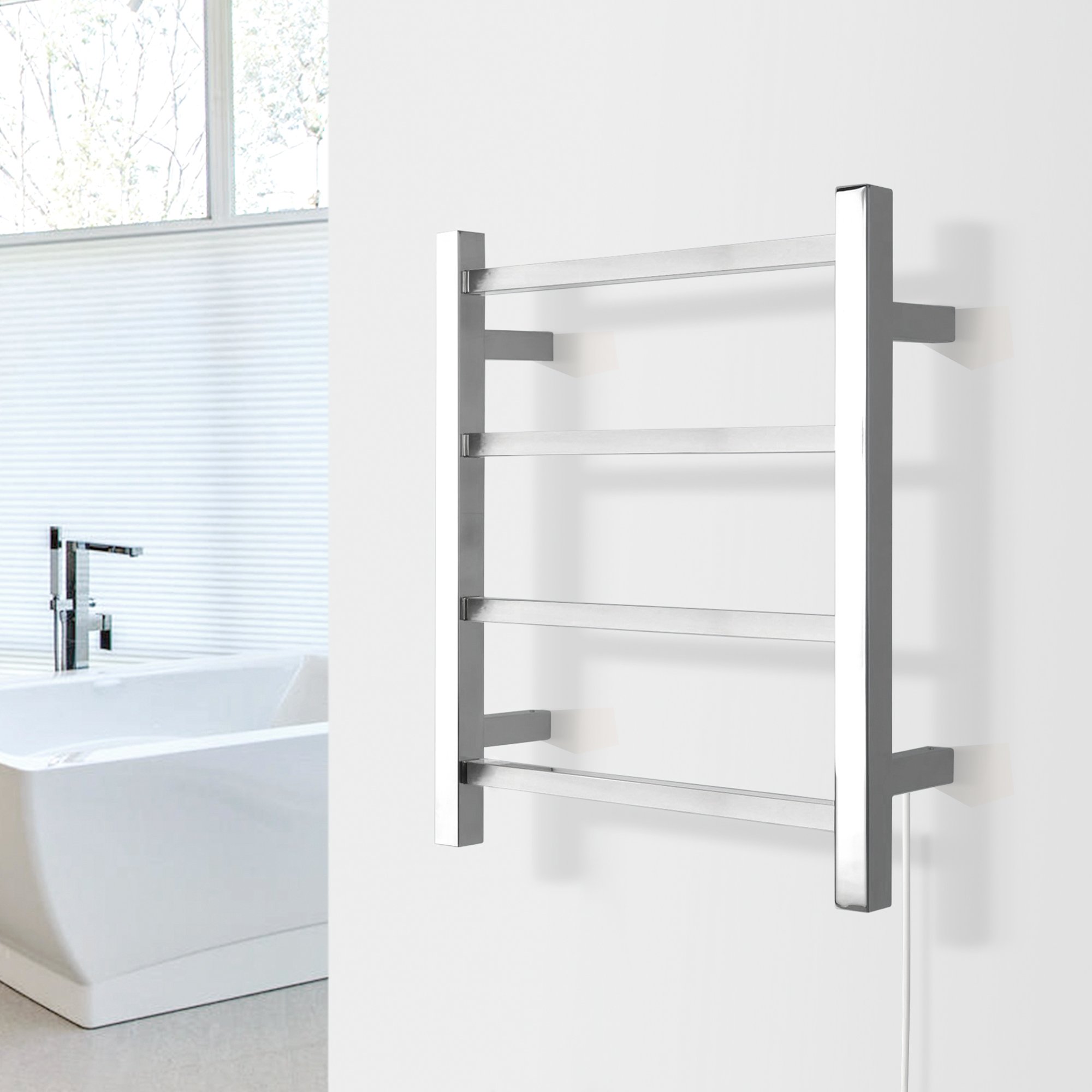A wall-mounted Palma towel warmer with four square horizontal bars in a polished stainless steel finish installed in a modern bathroom.