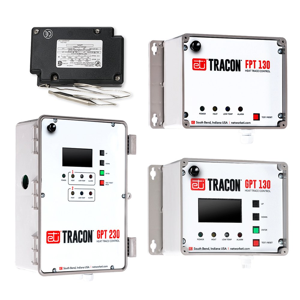 A collection of ETI TRACON heat trace control units and a temperature switch for pipe freeze protection systems.