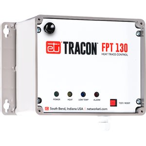 ETI TRACON FPT 130 pipe freeze protection control unit in a grey weatherproof enclosure with indicator lights and a test button.