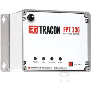 ETI TRACON FPT 130 pipe freeze protection control unit in a grey weatherproof enclosure with indicator lights and a test button.