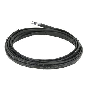 A coiled black self-regulating pipe heating cable for de-icing and snow melting with a stripped end showing internal bus wires and metal braid.