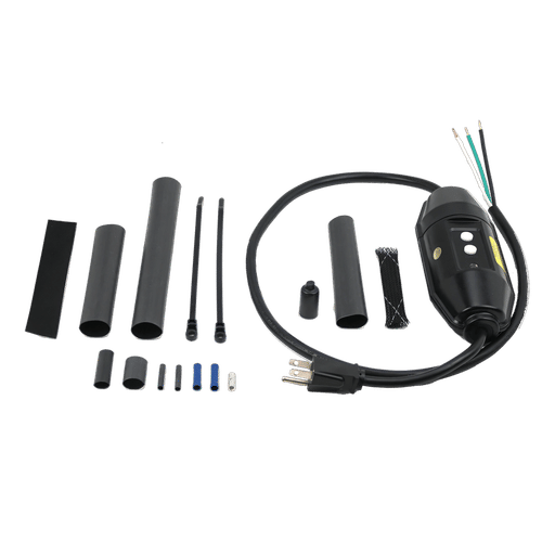 Plug-in GFCI power connection kit for self-regulating heating cable, including power cord, inline GFCI module, and installation hardware.