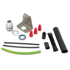 Power connection kit and end seal components for roof and gutter de-icing systems, including conduit connectors, wire nuts, and grounding braid.