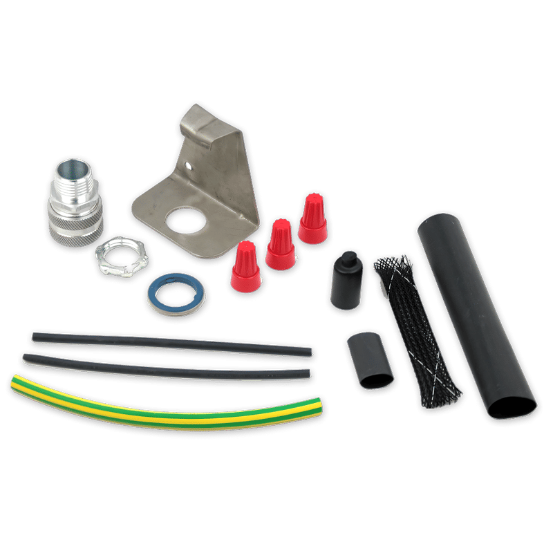 Power connection kit and end seal components for roof and gutter de-icing systems, including conduit connectors, wire nuts, and grounding braid.