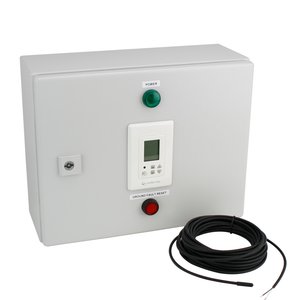 A snow melting power modulator control unit with a digital display and sensor cable for an electric radiant heating system.