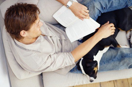 A young man reading a book on a sofa with a dog on his lap in a living room with light-colored wood flooring.