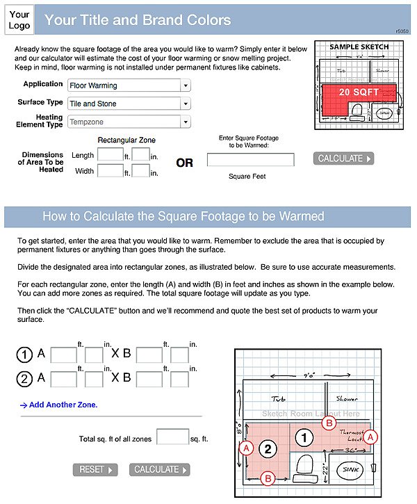 A digital calculator interface for planning electric radiant floor heating zones in a bathroom layout.
