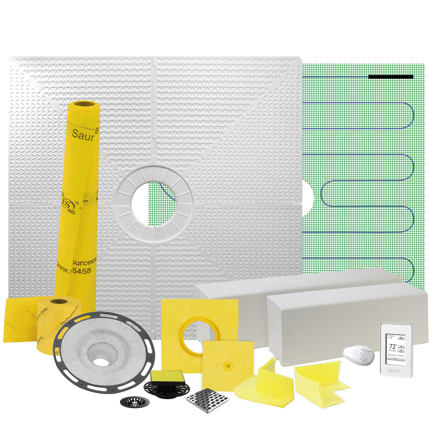 Pro GEN II 48ʺ x 48ʺ Floor Heating and Shower Waterproofing Kit with Center Drain and PVC Flange 