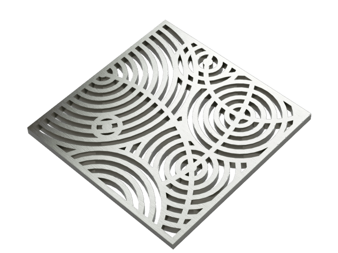 Pro GEN II shower grate cover in the Designer Series Ripples pattern featuring a concentric cut-out design in brushed stainless steel.