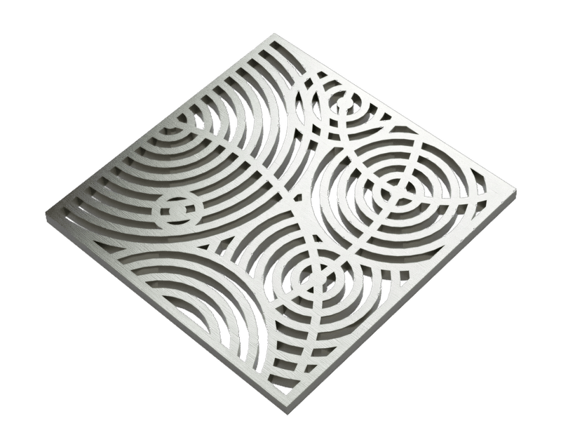 Pro GEN II shower grate cover in the Designer Series Ripples pattern featuring a concentric cut-out design in brushed stainless steel.