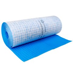A roll of Prodeso uncoupling and electric radiant floor heating membrane featuring a blue grid pattern for securing heating cable.