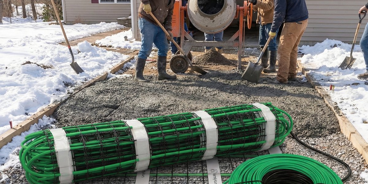WarmlyYours snow melting heating cable and mat rolls installed on a gravel base before being covered with fresh concrete.