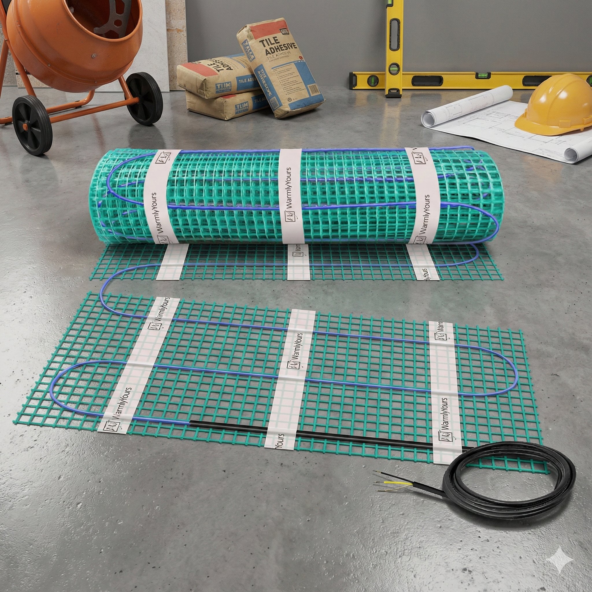 A TempZone Flex Roll electric radiant floor heating mat with blue heating cable on green mesh being unrolled onto a concrete subfloor.